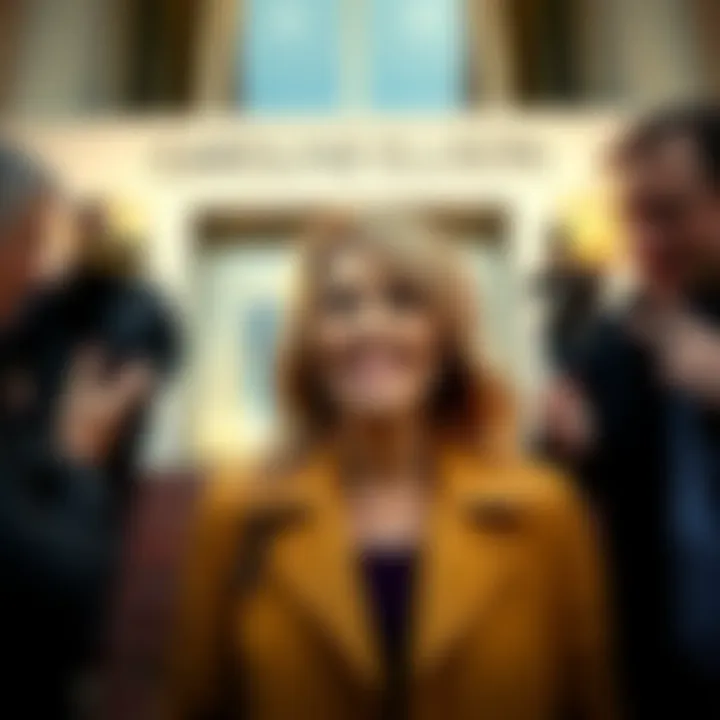 Caroline Ellison smiling outside a court building after her release, surrounded by media and onlookers.