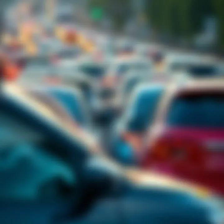 A lineup of various cars stuck in slow traffic, highlighting their compact designs and maneuverability in tight spaces.