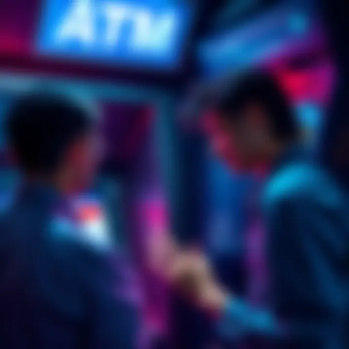 A frustrated person looking at an ATM screen displaying an error about missing barcode for cash deposit