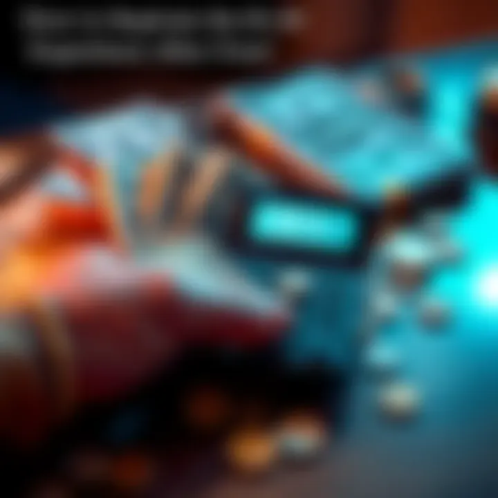 A hand holding cash and coins with a calculator showing a transaction of $20 minus fees, depicting the process of ending up with $19.90