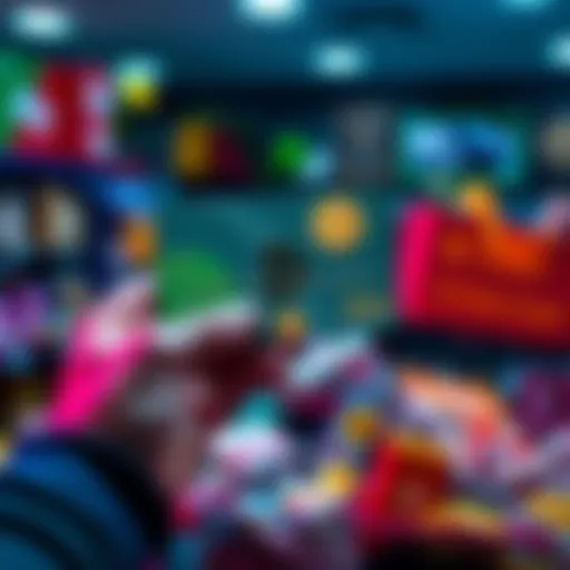 A person holding a crypto card with Bitcoin and stablecoins symbols, surrounded by shopping items for everyday purchases