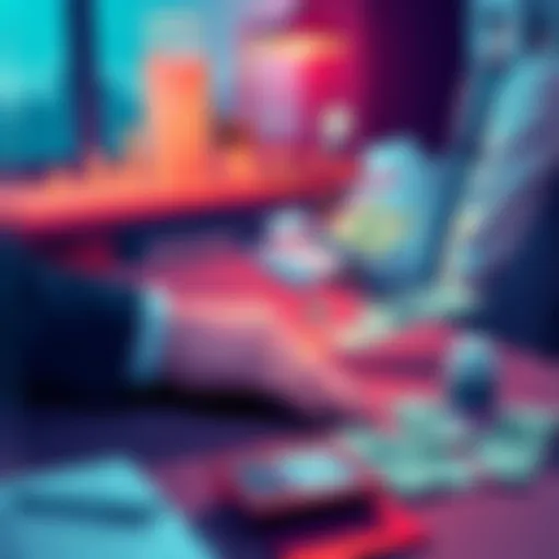 Illustration showing a person exchanging revpoints for cash at a desk with a calculator and money