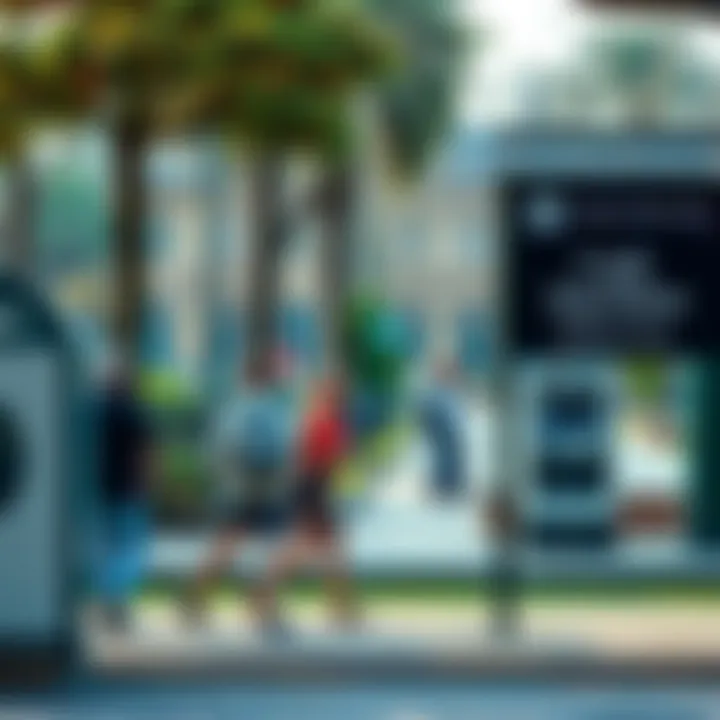 A busy park with a cash machine in the foreground and travelers using it without fees