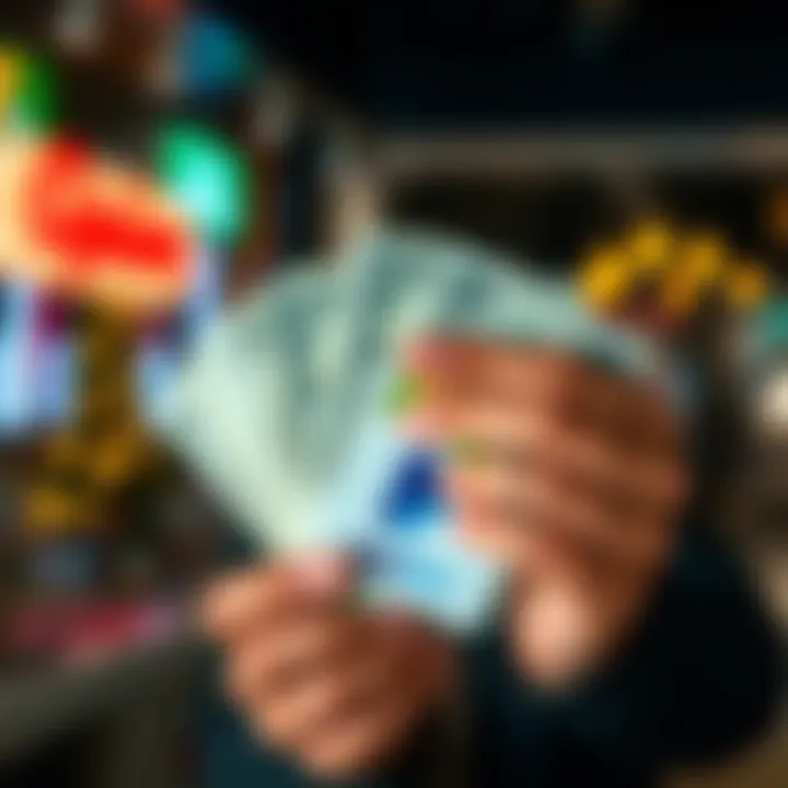 A person holding gift cards with cash in the background, representing alternative cash-out methods.