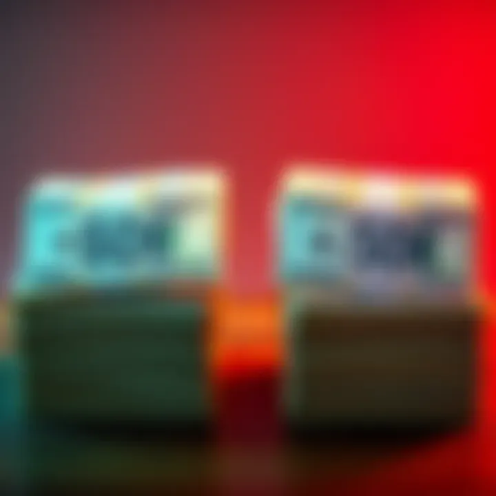 Two stacks of cash, one labeled 60K and the other labeled 50K, highlighting financial differences.