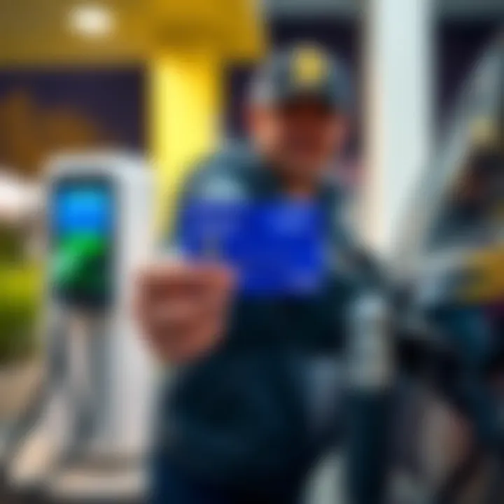 A person filling up a car with gas while holding a BitMart card, showing a cashback offer, alongside an electric vehicle charging station in the background.