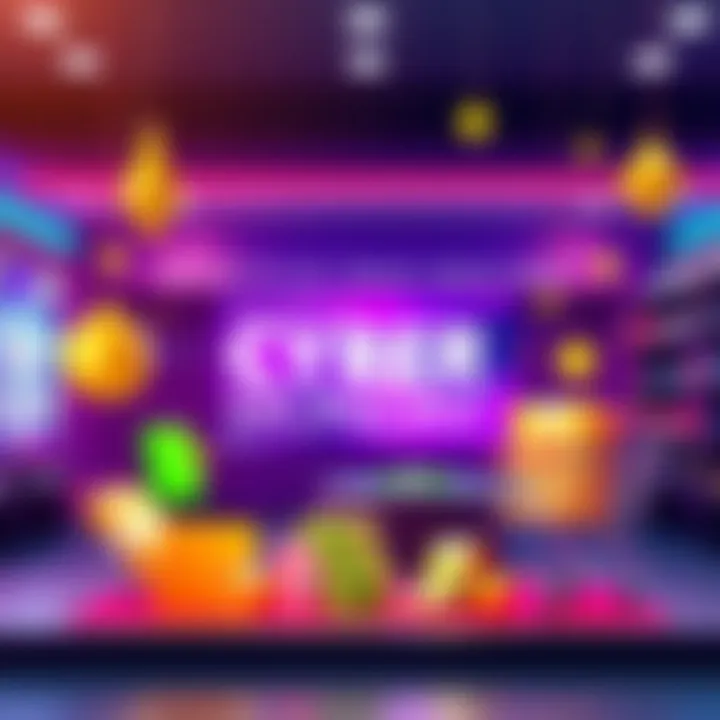 A vibrant banner showcasing Cyber Monday deals with cashback and travel rewards graphics, featuring shopping carts and cash symbols