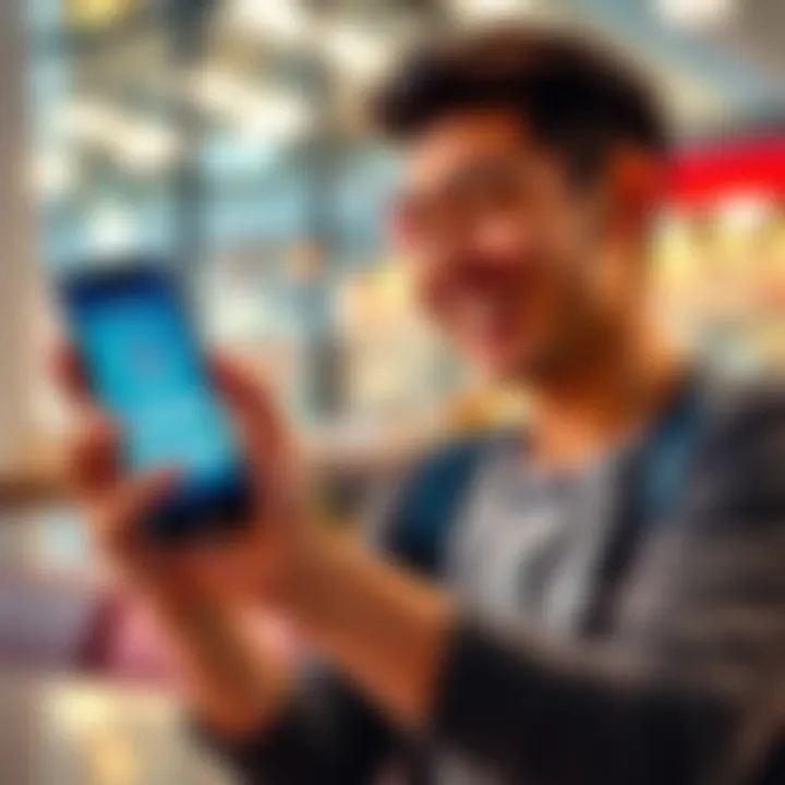 A person happily using a smartphone to transfer money via PayPal after a successful cash out through Atlas.