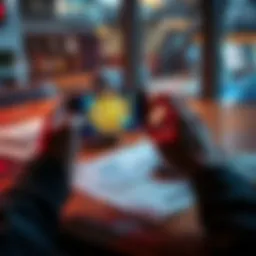 A person holding a smartphone displaying Bitcoin while sitting at a table with cash and financial documents nearby.