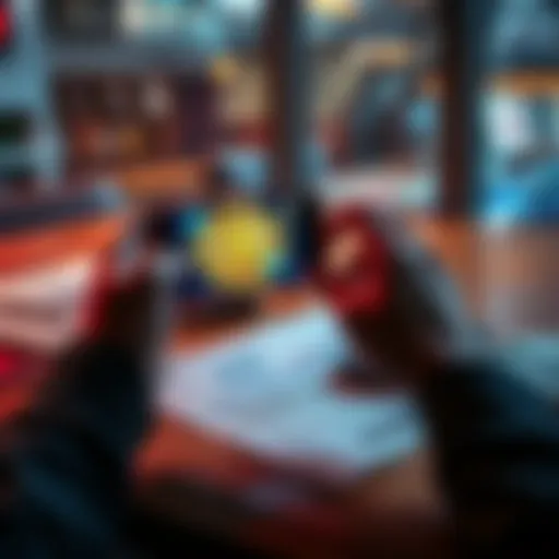 A person holding a smartphone displaying Bitcoin while sitting at a table with cash and financial documents nearby.