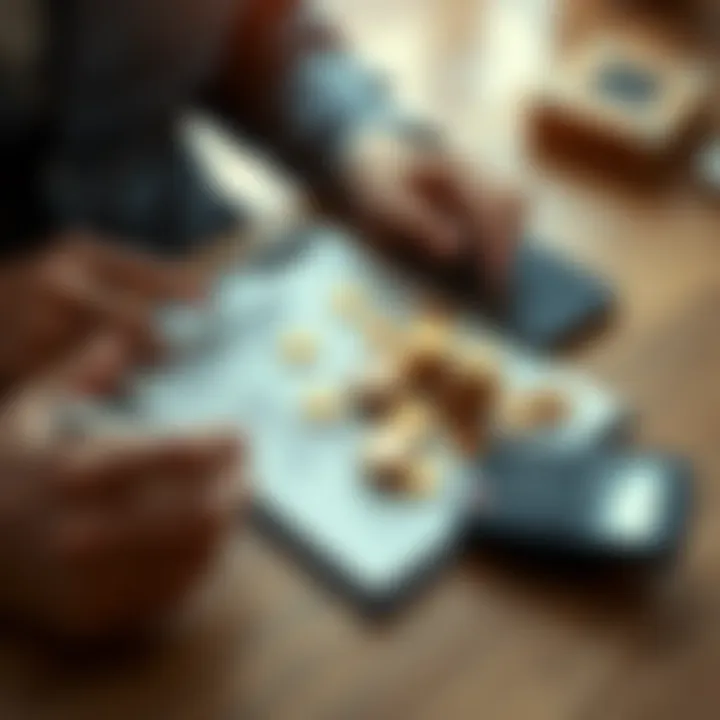 A person calculating cash-in options for AB rent on a notepad with coins and a calculator