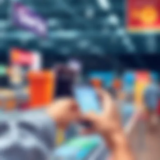 A person using a smartphone to make a payment at a cashless checkout, with credit card icons in the background