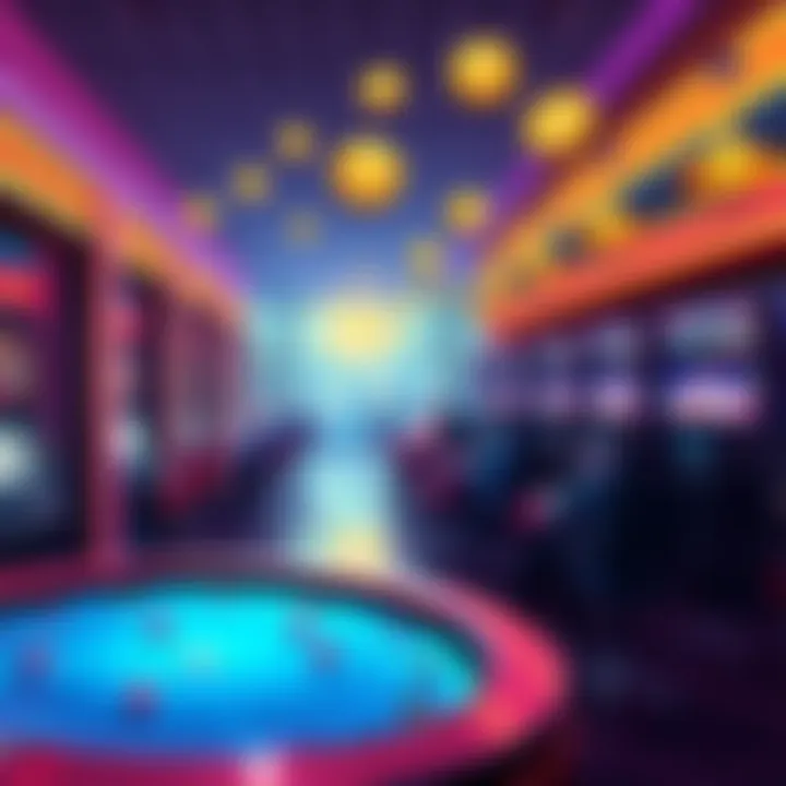 A visual representation of a digital casino with a focus on crypto deposits and gambling activities, showing players engaging in games while crypto symbols float above them, illustrating the concept o...