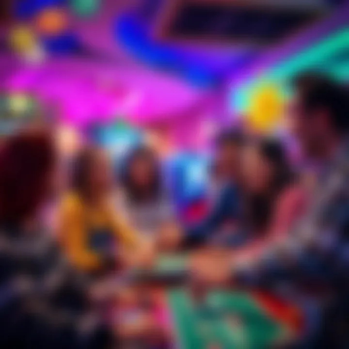 A group of friends laughing and playing casino games together at a vibrant casino, with colorful lights and decorations in the background