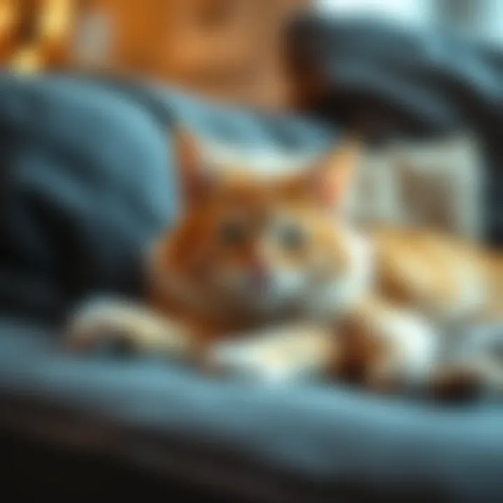 A domestic cat relaxing comfortably on a couch, showcasing its agility and playful nature.