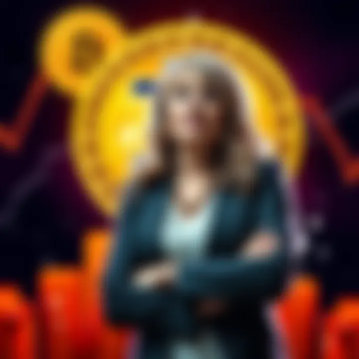 Cathie Wood Bitcoin Prediction Cathie Wood stands confidently with a Bitcoin symbol in the background, emphasizing her $1.5 million price target for Bitcoin.