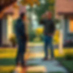 A person standing on a private property while a property owner approaches them, discussing the situation