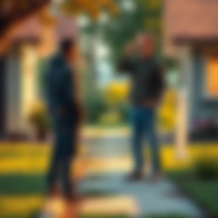 A person standing on a private property while a property owner approaches them, discussing the situation