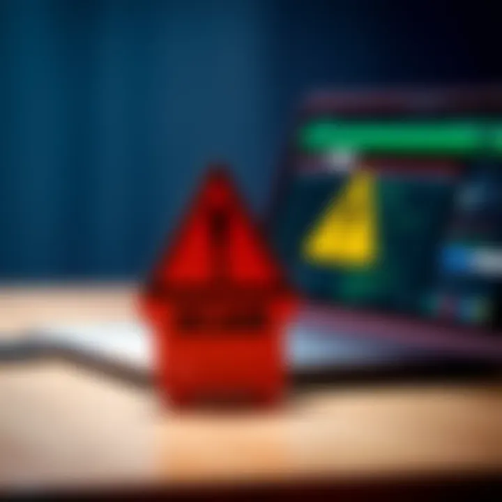 A warning sign next to a laptop, symbolizing the dangers of clicking suspicious links online.