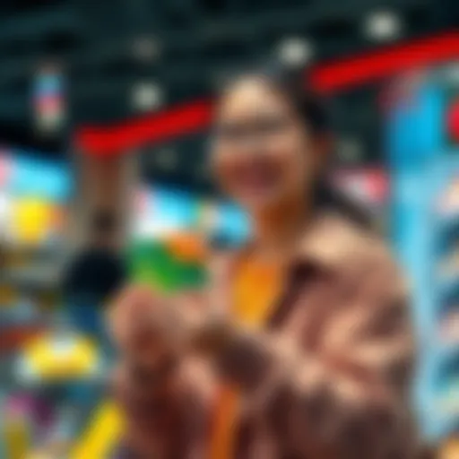 A customer happily holding a CDC 45k Card with cashback rewards and smiling while shopping.
