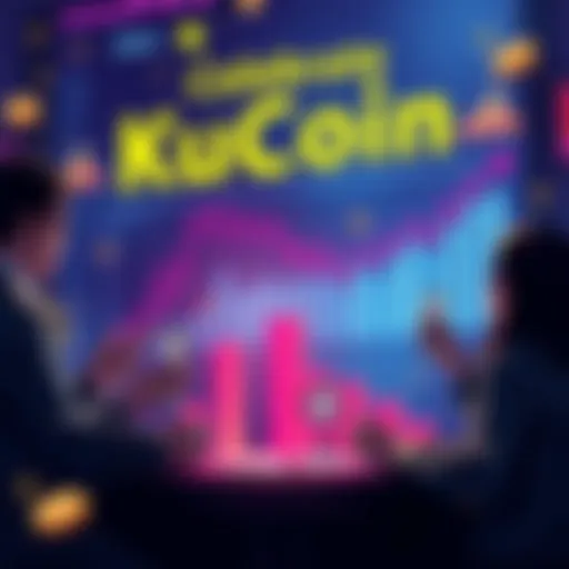 Traders celebrating their achievements on KuCoin, sharing success stories and milestones with each other, with a vibrant backdrop of charts and icons representing crypto growth.