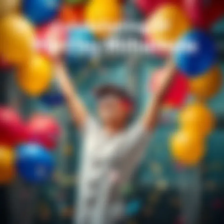 A person surrounded by balloons and confetti, smiling and raising their arms in joy, representing achievement and celebration