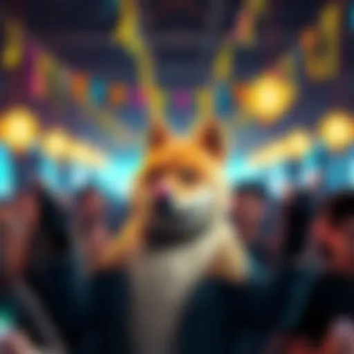 People gathering to celebrate Doge Day with Dogecoin-themed decorations and a dog mascot