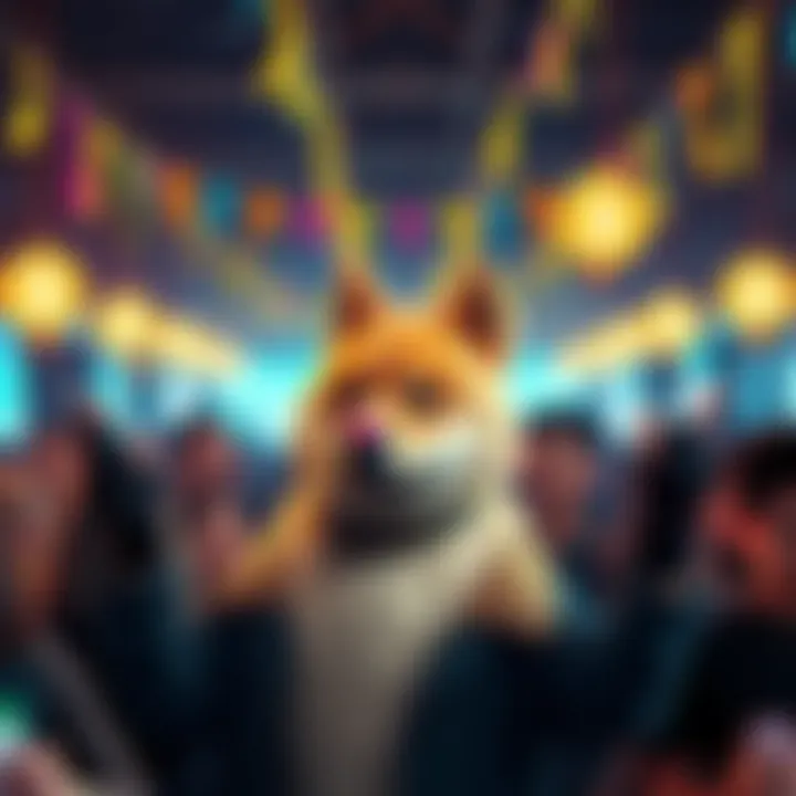 People gathering to celebrate Doge Day with Dogecoin-themed decorations and a dog mascot