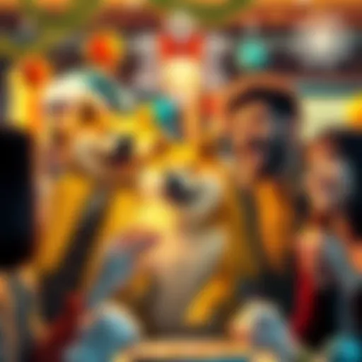 People in the Dogecoin community celebrate New Year with joy and excitement, surrounded by festive decorations and cheerful expressions.