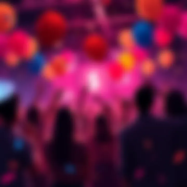 People in the crypto community celebrating Polka Dot reaching one dollar, with balloons and confetti in a festive atmosphere.