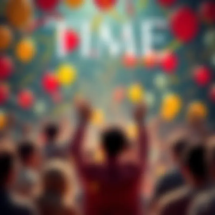 A festive scene with people celebrating reaching the $50 mark for Time, with balloons and confetti in the background