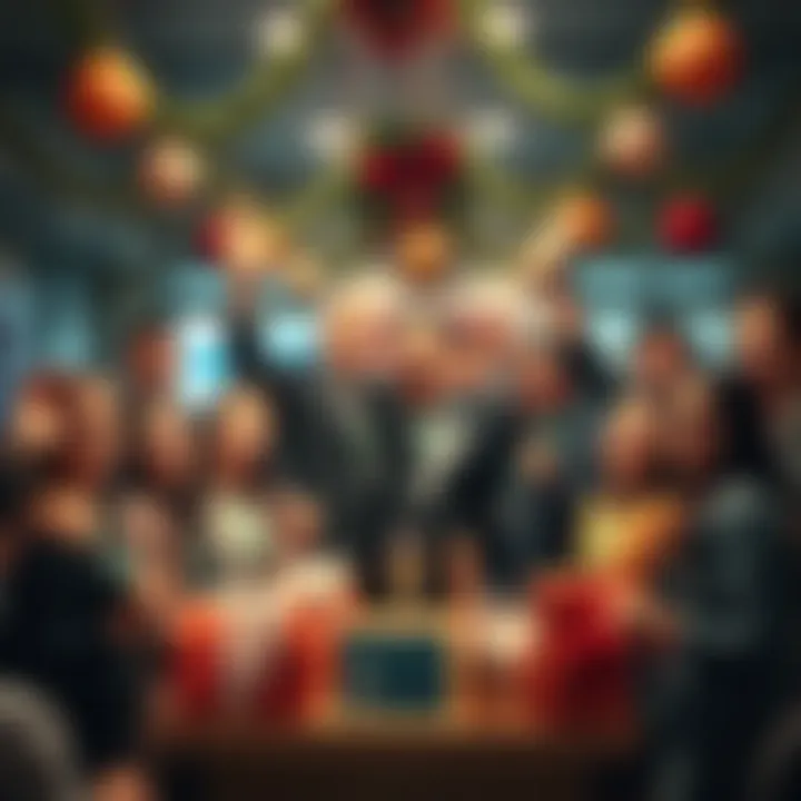 A group of people celebrating their achievement of reaching 150 parcels, smiling and holding badges and passports, surrounded by festive decorations.