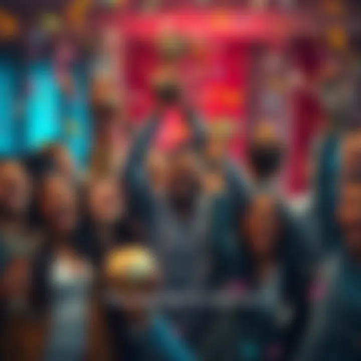 A group of diverse people joyfully celebrating with trophies and confetti in a festive atmosphere.