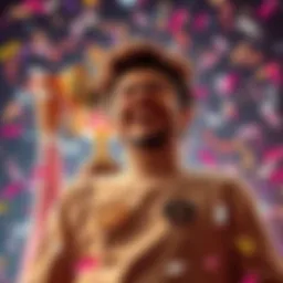 A person joyfully celebrating the achievement of 101 badges and 150 parcels with a trophy and confetti in the background.