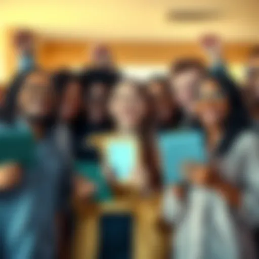 A group of diverse people smiling and holding awards, celebrating their achievements together in a cheerful atmosphere.