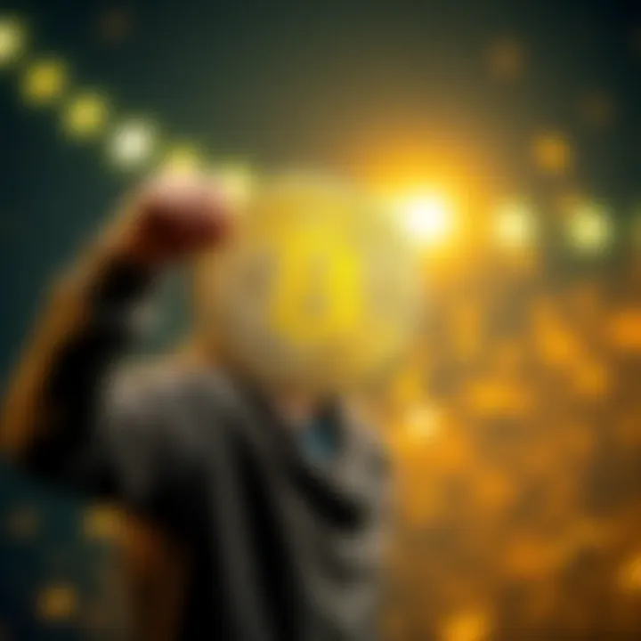 A person joyfully holding a Bitcoin symbol, representing their achievement of owning 0.5 BTC after years of effort.