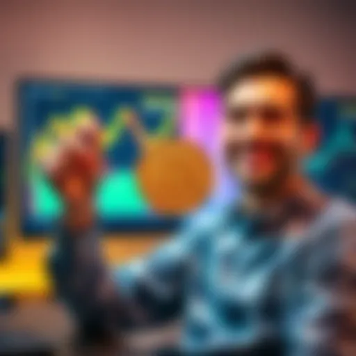 A happy person holding a Bitcoin symbol in front of a computer showing rising charts, representing their achievement of owning one full Bitcoin