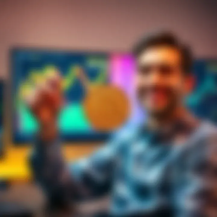 A happy person holding a Bitcoin symbol in front of a computer showing rising charts, representing their achievement of owning one full Bitcoin