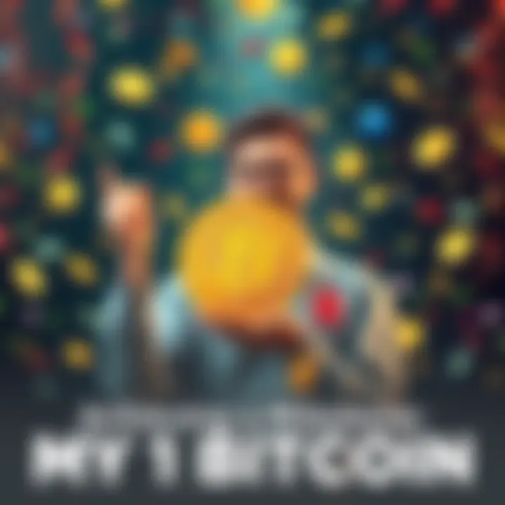 A person holding a Bitcoin sign with a joyful expression, surrounded by coins and digital symbols representing cryptocurrency. Confetti falls around them to symbolize celebration.