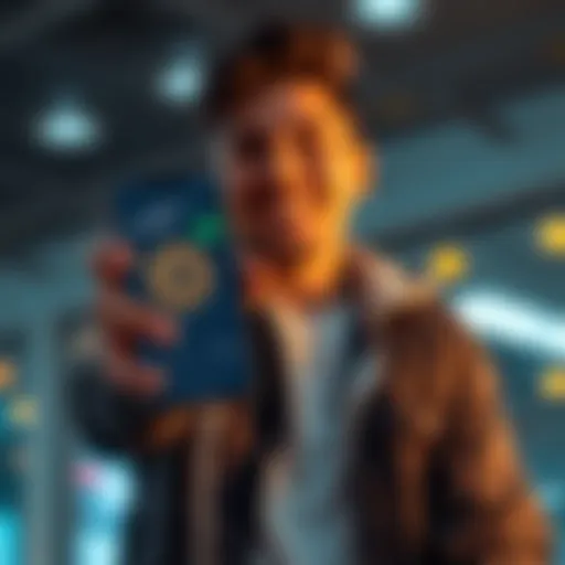 Individual holding a smartphone displaying Bitcoin balance and investment stats with a joyful expression.