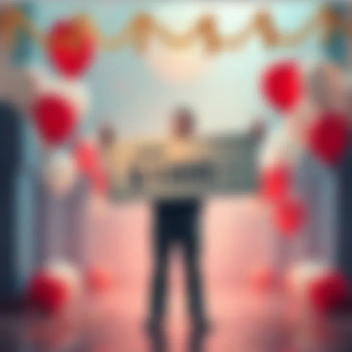 Celebrating a financial milestone A person standing proudly with a $1000 check, surrounded by festive decorations and balloons, symbolizing achievement and success.