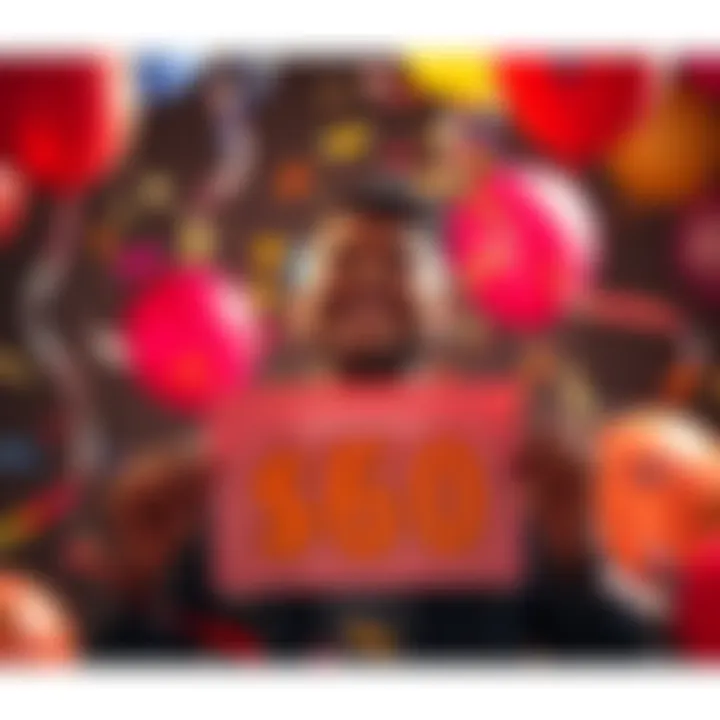 A person smiling and holding a sign that says $60, surrounded by confetti and balloons, symbolizing achievement and celebration.