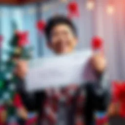 A joyful person holding a check with a big smile, celebrating their first payment milestone, surrounded by festive decorations.
