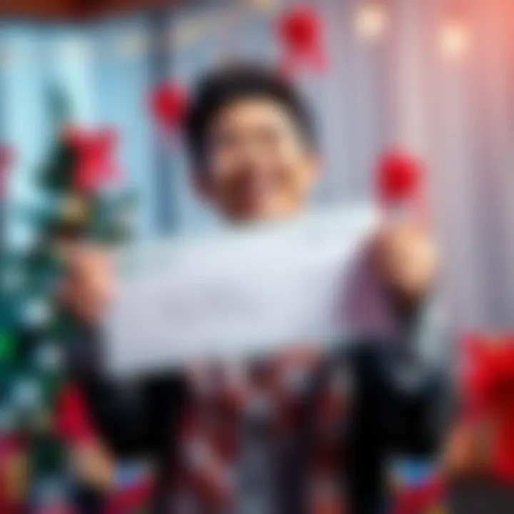 A joyful person holding a check with a big smile, celebrating their first payment milestone, surrounded by festive decorations.