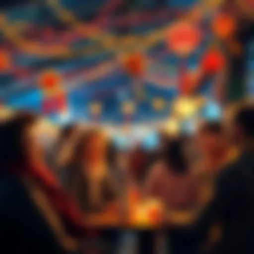 A festive gathering of people at a community event, sharing smiles and enjoying each other's company, with decorations and joyful atmosphere.