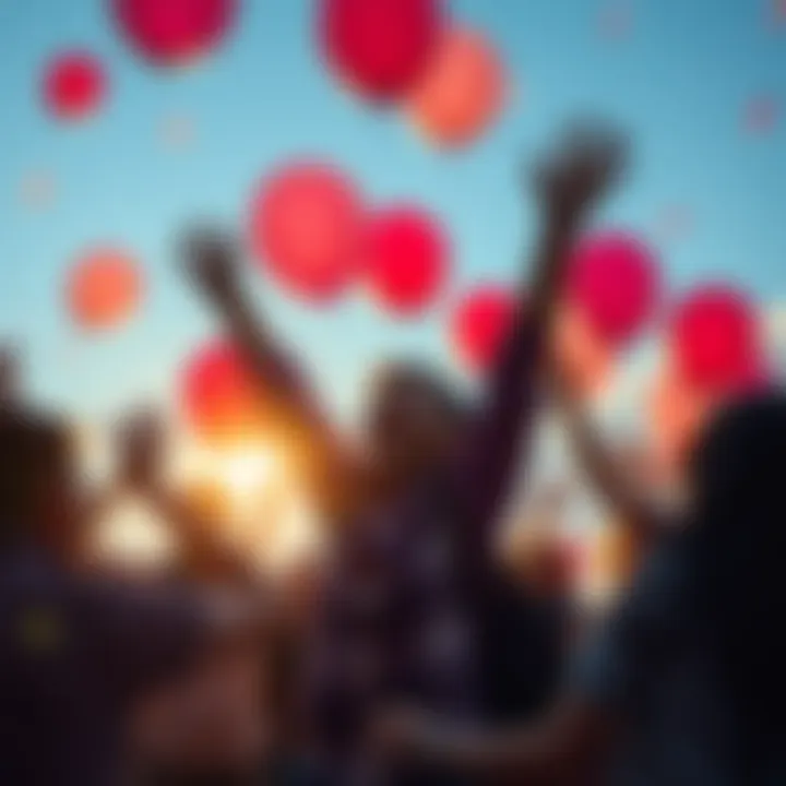 A person joyfully celebrating their successful migration, surrounded by friends and balloons.