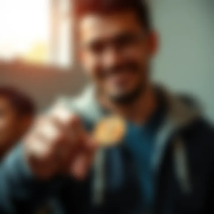 Celebrating a Penny Milestone A person holding a single penny in their hand, smiling with excitement, symbolizing personal achievement in financial growth
