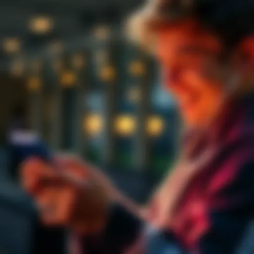 A person smiling while looking at their smartphone, celebrating achievements from an app