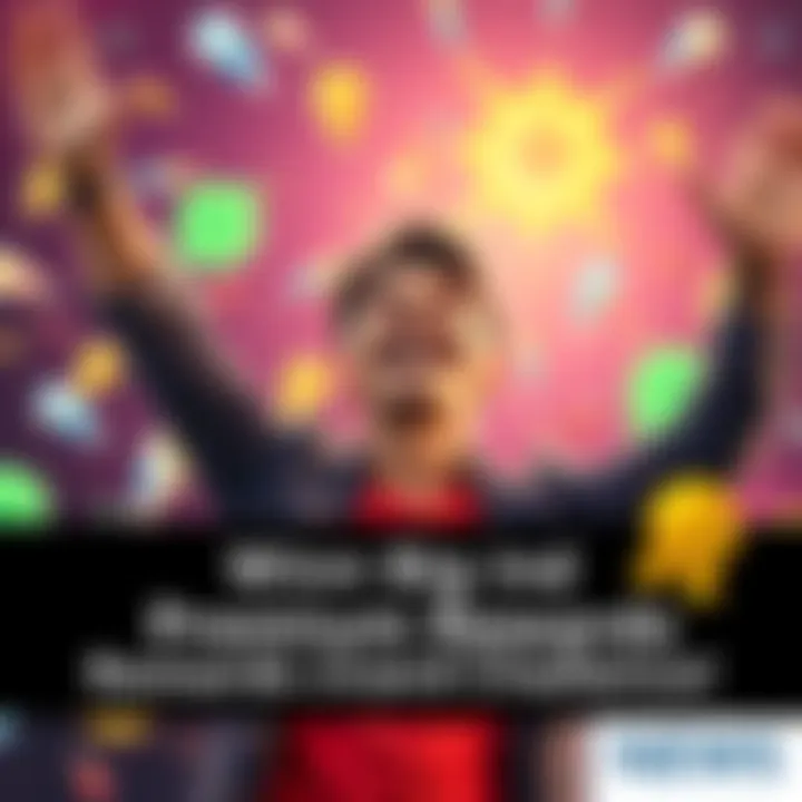 A person happily celebrating their success in the Premium Rewards Ladder challenge with a big smile and arms raised in excitement, surrounded by colorful reward icons and graphics