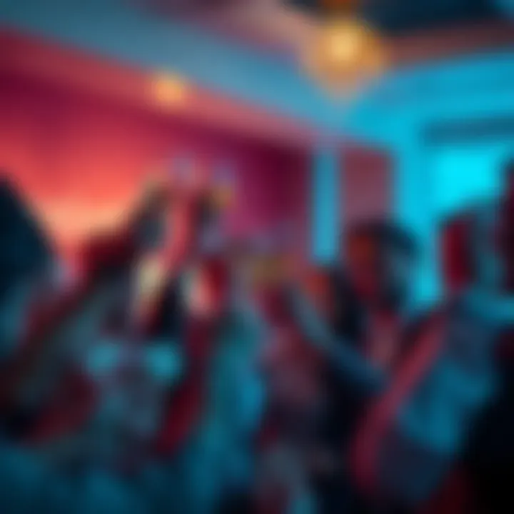 Group of happy shareholders raising glasses in a toast, contrasting with frustrated individuals holding coins.